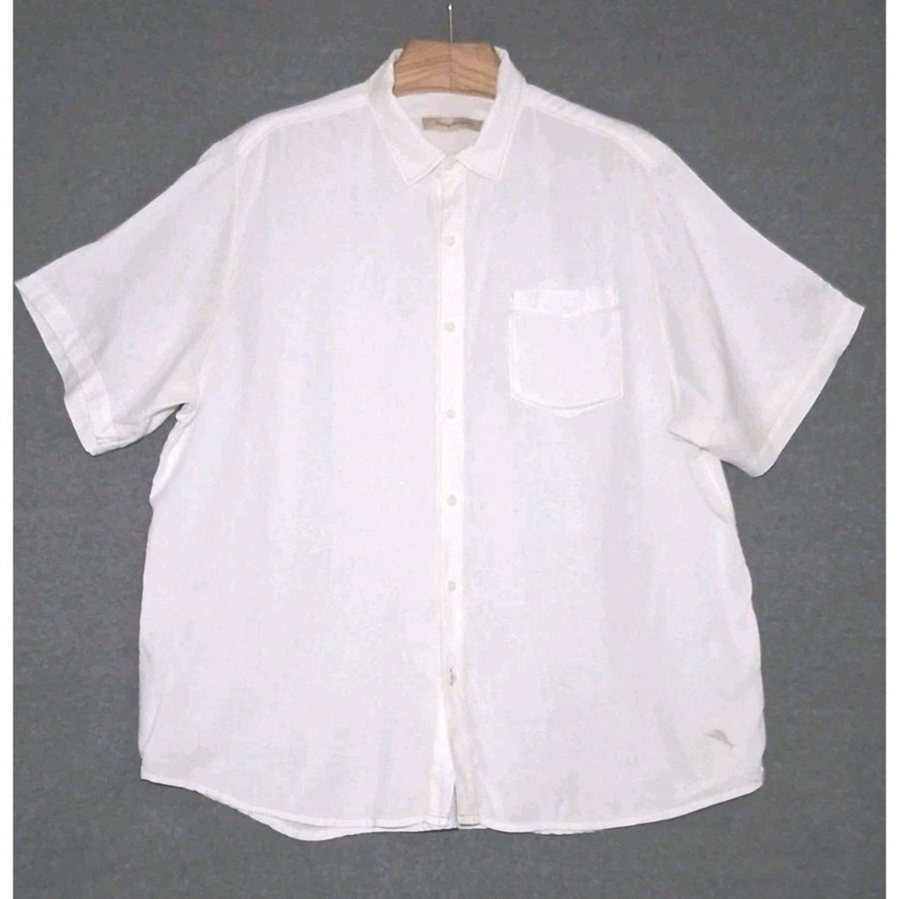Tommy Bahama Mens XL TG Ivory 100% Linen Short Sleeve Button Down Shirt Topstitc